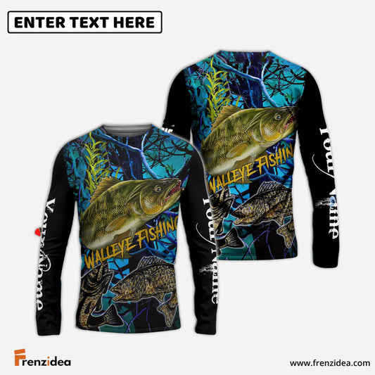 Frenzidea Blue Camo Walleye Fishing Custom   Long Sleeve Fishing Shirts