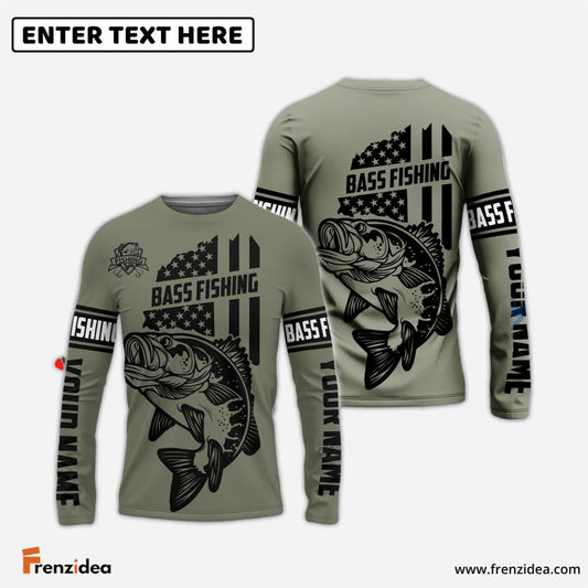 Frenzidea Bass Hunter Fishing American Flag Custom    Long Sleeve Fishing Shirts