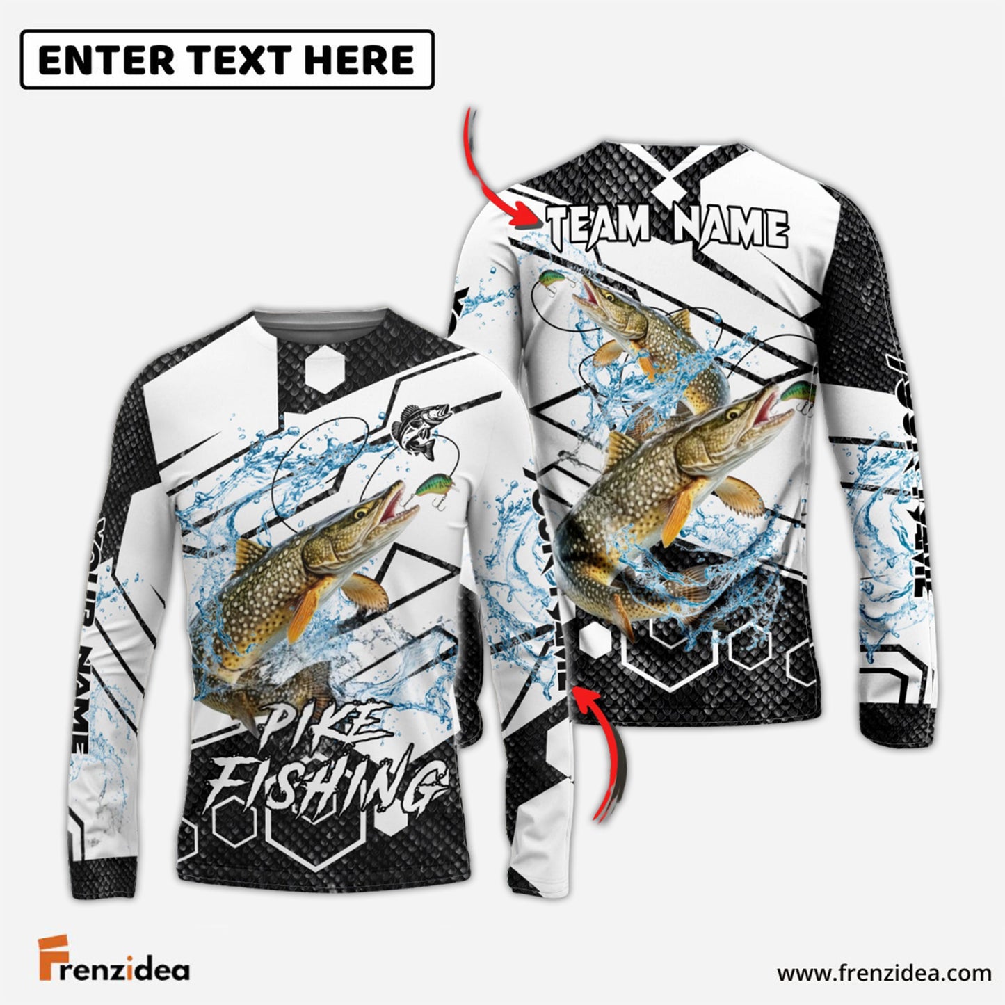 Frenzidea Pike Fishing White Gray Black Hexagon Sport Custom Name & Team Name 3D Shirts