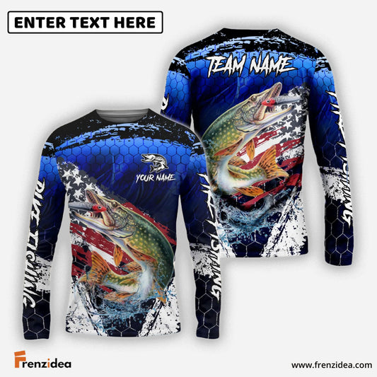 Frenzidea Pike Fishing Dark Blue Scratch American Flag scratch Sport Custom Name & Team Name 3D Shirts