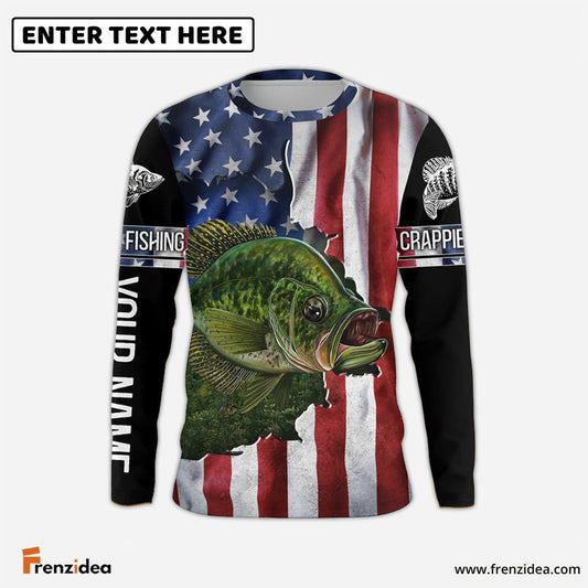 Frenzidea Crappie Fishing American Flag Patriotic Fourth Of July Personalized Crappie Long Sleeve Fishing Shirts