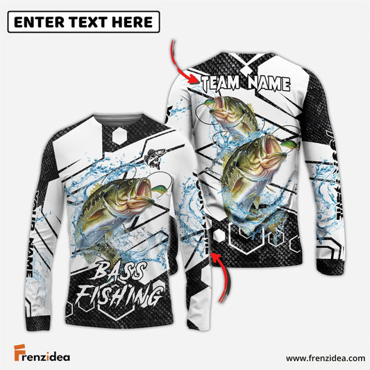 Frenzidea Bass Fishing White Gray Black Hexagon Sport Custom Name & Team Name 3D Shirts