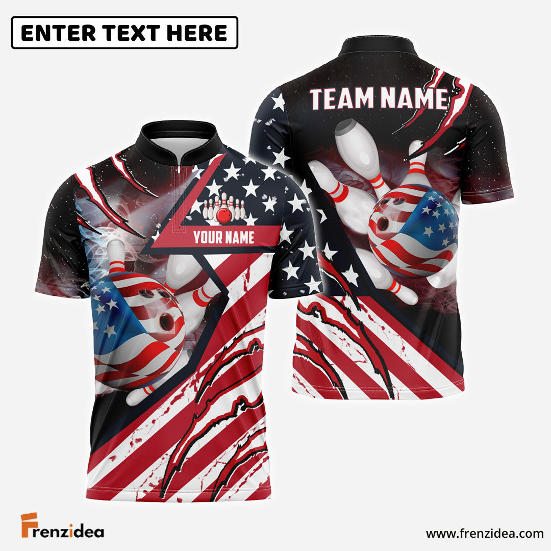 Frenzidea Bowling American Flag Patriot Customized Name, Team Name 3D Shirt