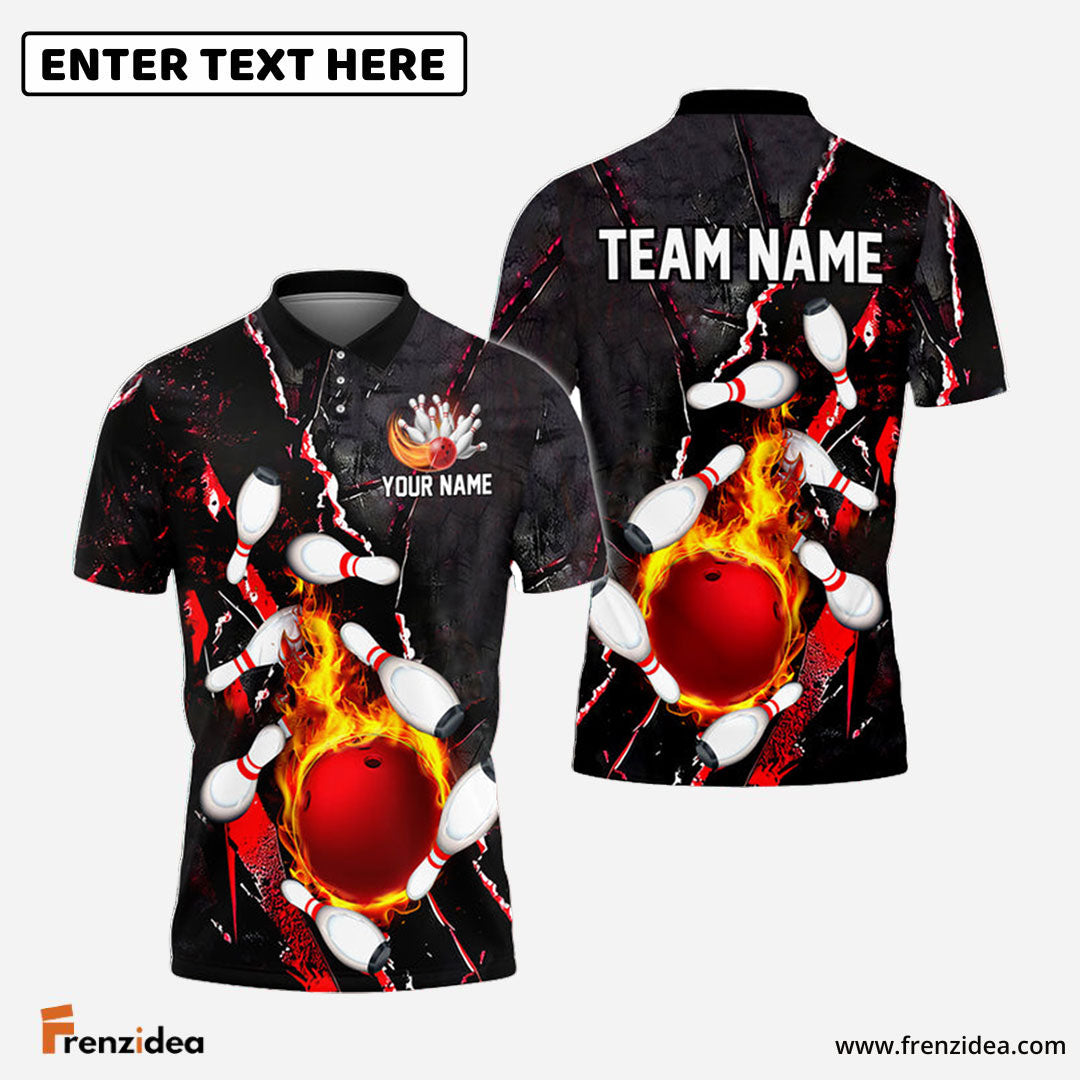Frenzidea Bowling And Pins Flame Crack Wall Customized Name 3D Shirt (4 Colors)