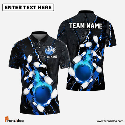 Frenzidea Bowling And Pins Flame Crack Wall Customized Name 3D Shirt (4 Colors)