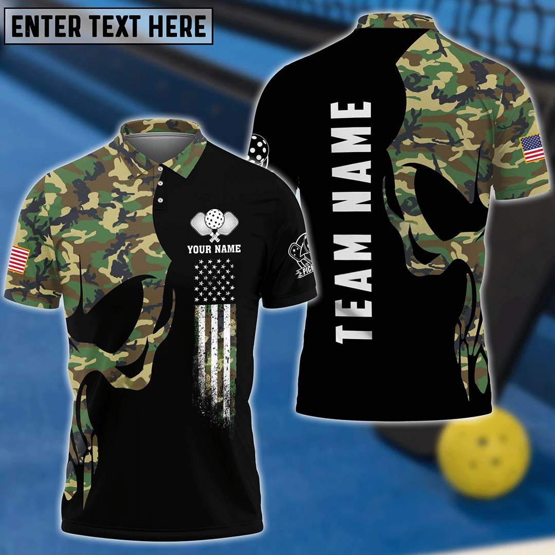 Frenzidea Pickleball Skull Camo Personalized Name, Team Name Unisex Shirt (4 Colors)