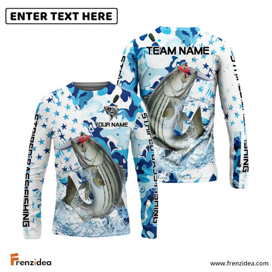 Frenzidea Striped Bass Fishing Blue White American Flag Custom Name & Team Name 3D Shirts
