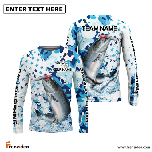 Frenzidea Salmon Fishing Blue White American Flag Custom Name & Team Name 3D Shirts