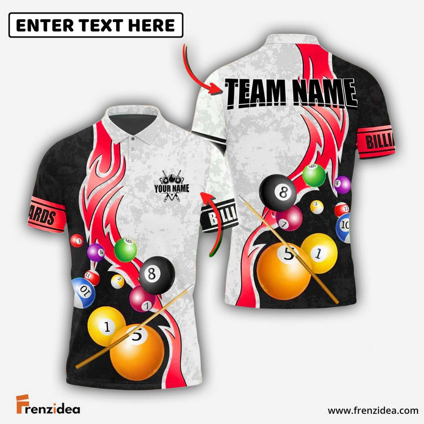 Frenzidea Billiards Ball 8 Metallic Flame Pattern Personalized Name Shirt (4 Colors)