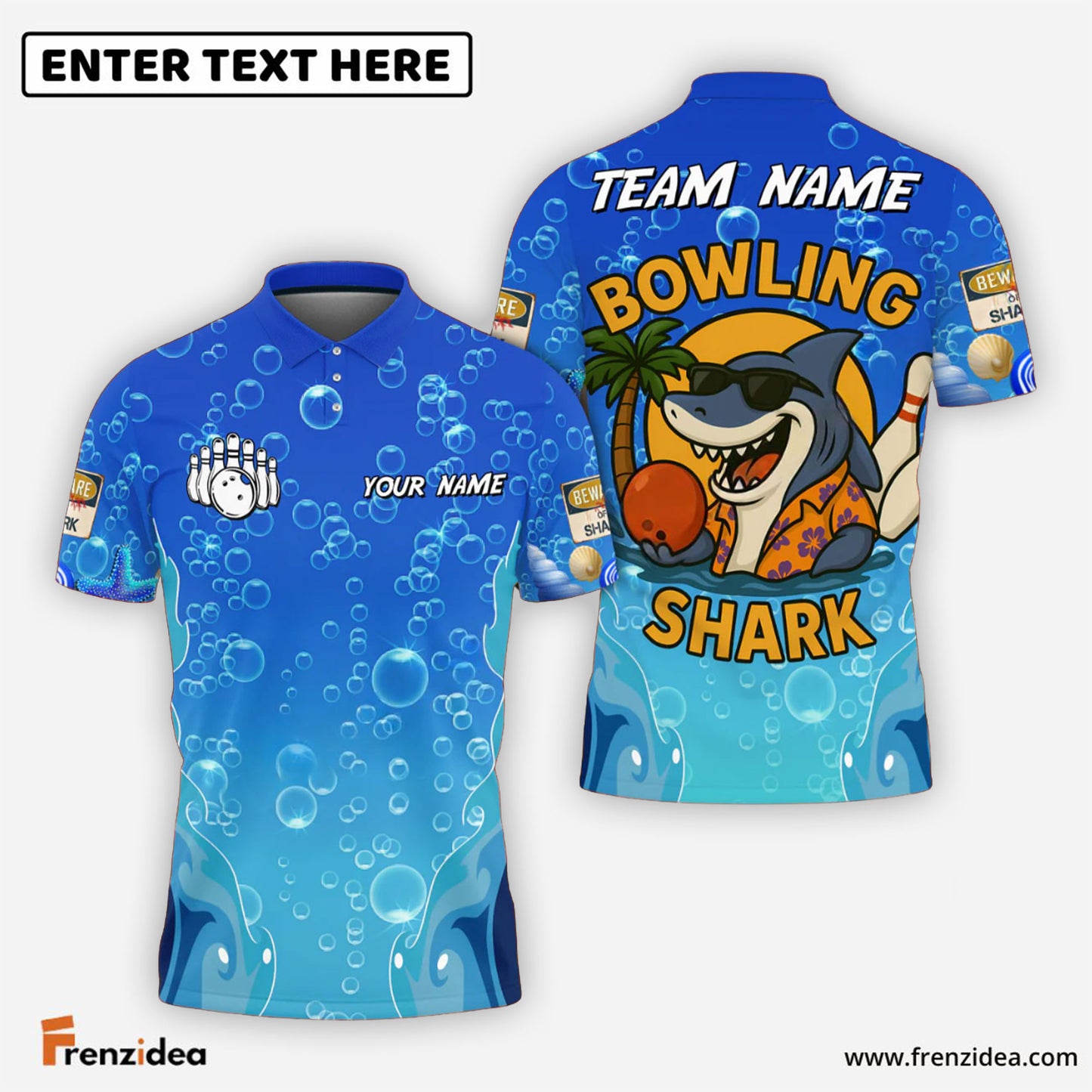 Frenzidea Bowling And Pins Funny Cartoon Shark, Bubble Design Customized Name 3D Shirt (4 Colors)
