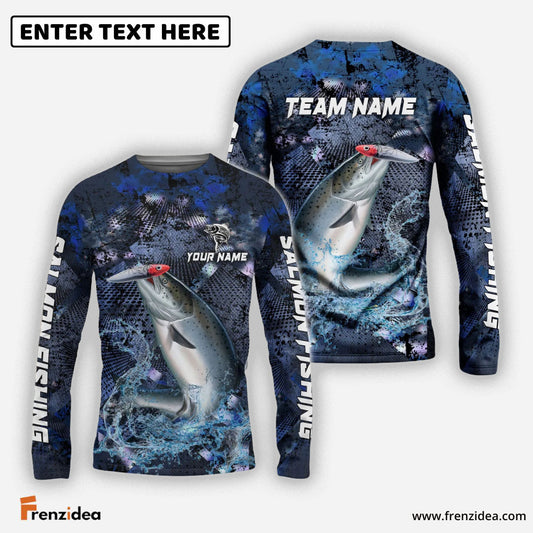 Frenzidea Salmon Fishing Dark Blue Camouflage Custom Name & Team Name 3D Shirts