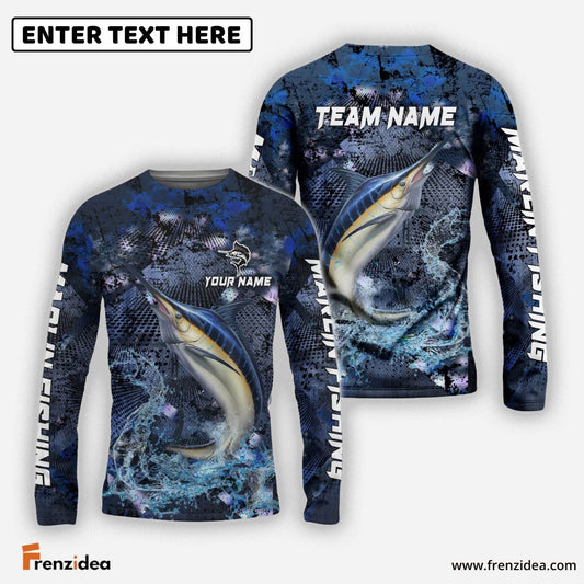 Frenzidea Marlin Fishing Dark Blue Camouflage Custom Name & Team Name 3D Shirts
