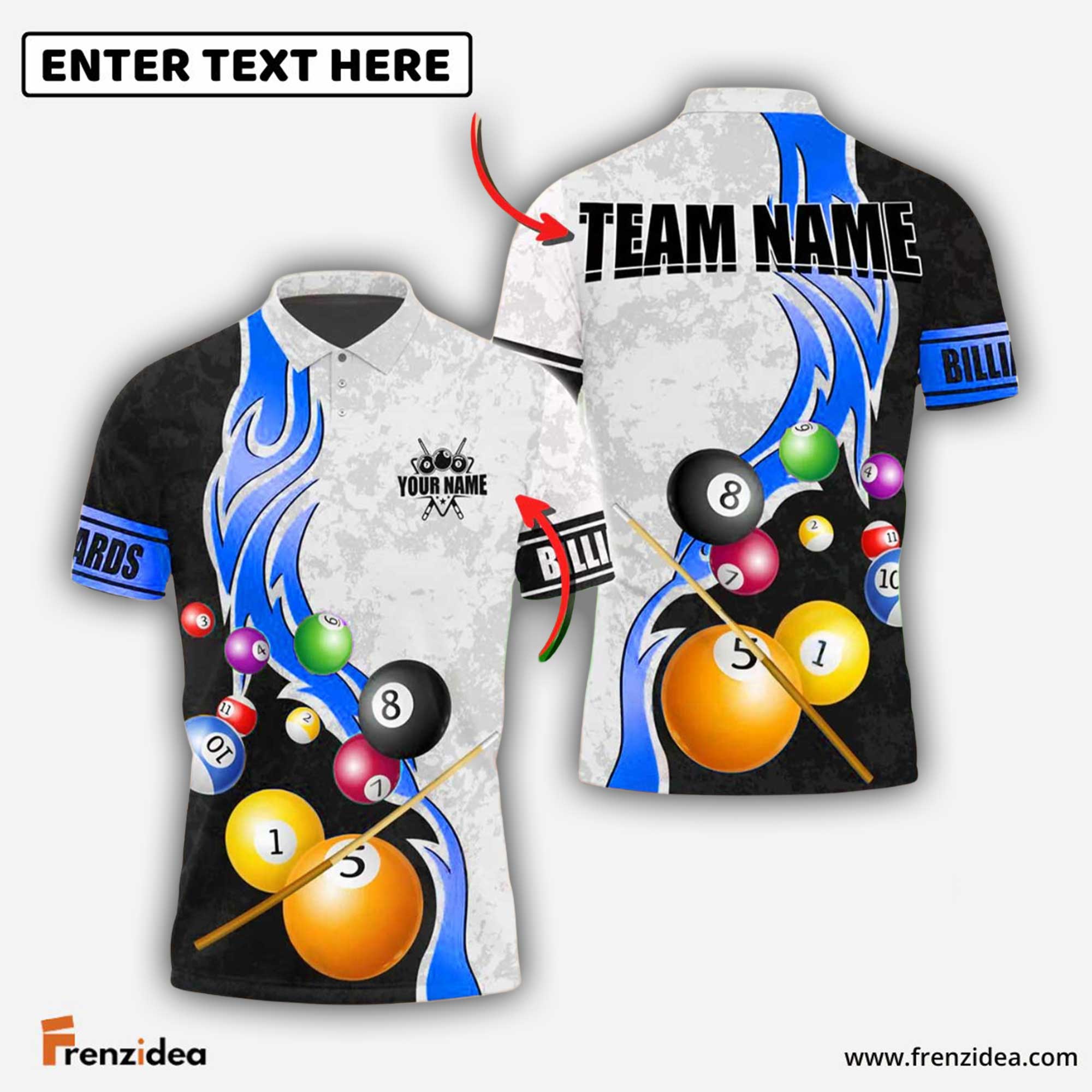 Frenzidea Billiards Ball 8 Metallic Flame Pattern Personalized Name Shirt (4 Colors)