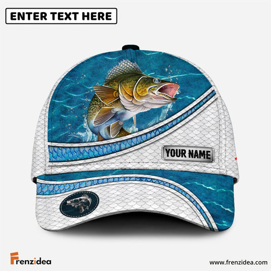 Frenzidea Custom Name Walleye Fishing Blue Water Pattern 3D Classic Cap