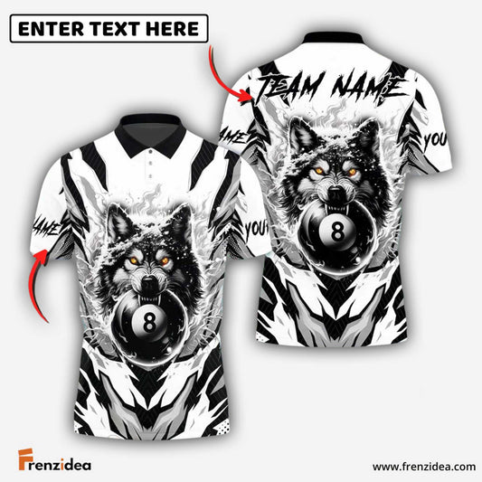 Frenzidea Billiards Ball 8 Flame Wolf White Personalized Name, Team Name Unisex Shirt