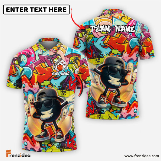 Frenzidea Bowling And Pins Funny Cartoon Vibe Dabbing Ball Customized Name, Team Name 3D Shirt (4 Colors)