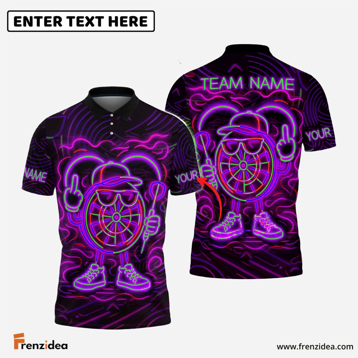 Frenzidea Darts Neon Dartboard Champion Personalized Name, Team Name Shirt (4 Colors)