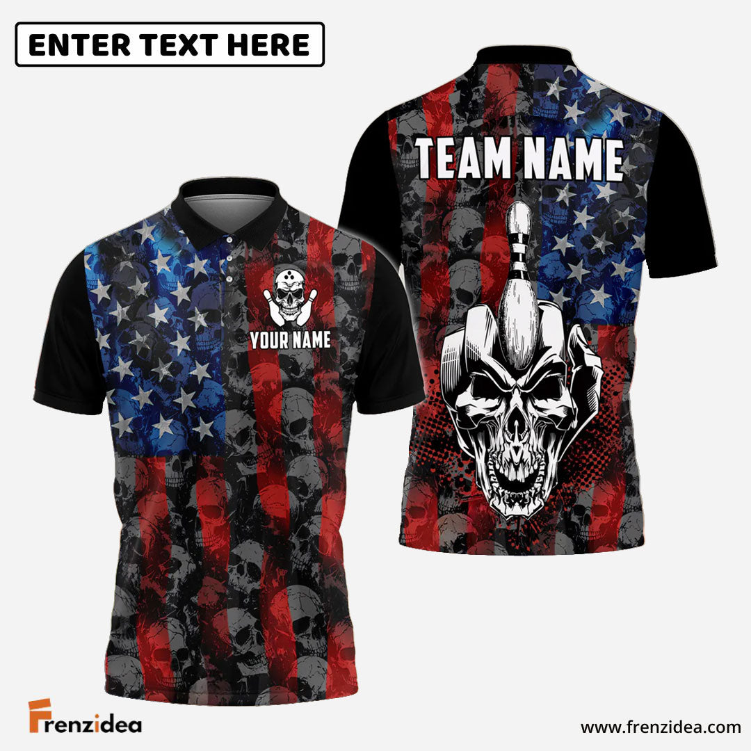 Frenzidea Bowling American Flag Skull Middle Finger Personalized Shirt