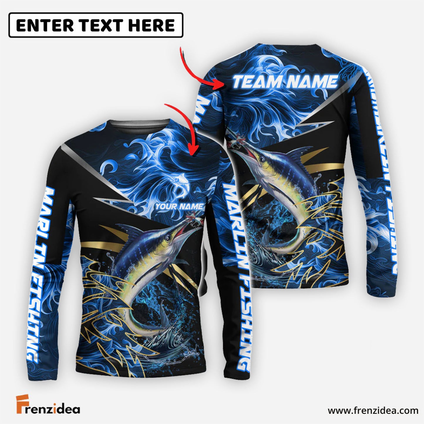 (6 Breeds) Frenzidea Fishing Blue Flame Premium Golden & Silver Line Pattern Custom Name & Team Name 3D Shirts
