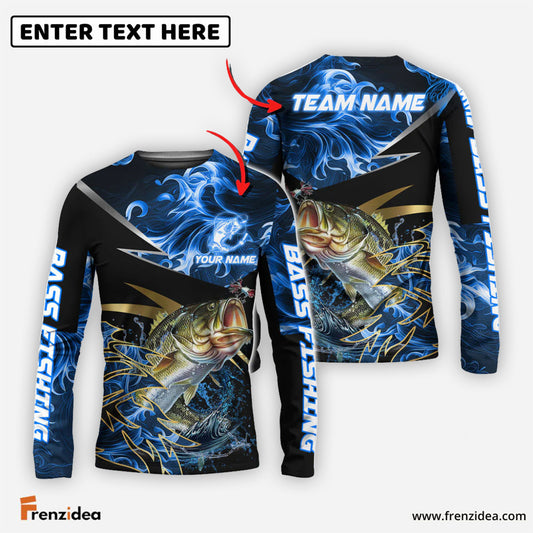 (6 Breeds) Frenzidea Fishing Blue Flame Premium Golden & Silver Line Pattern Custom Name & Team Name 3D Shirts