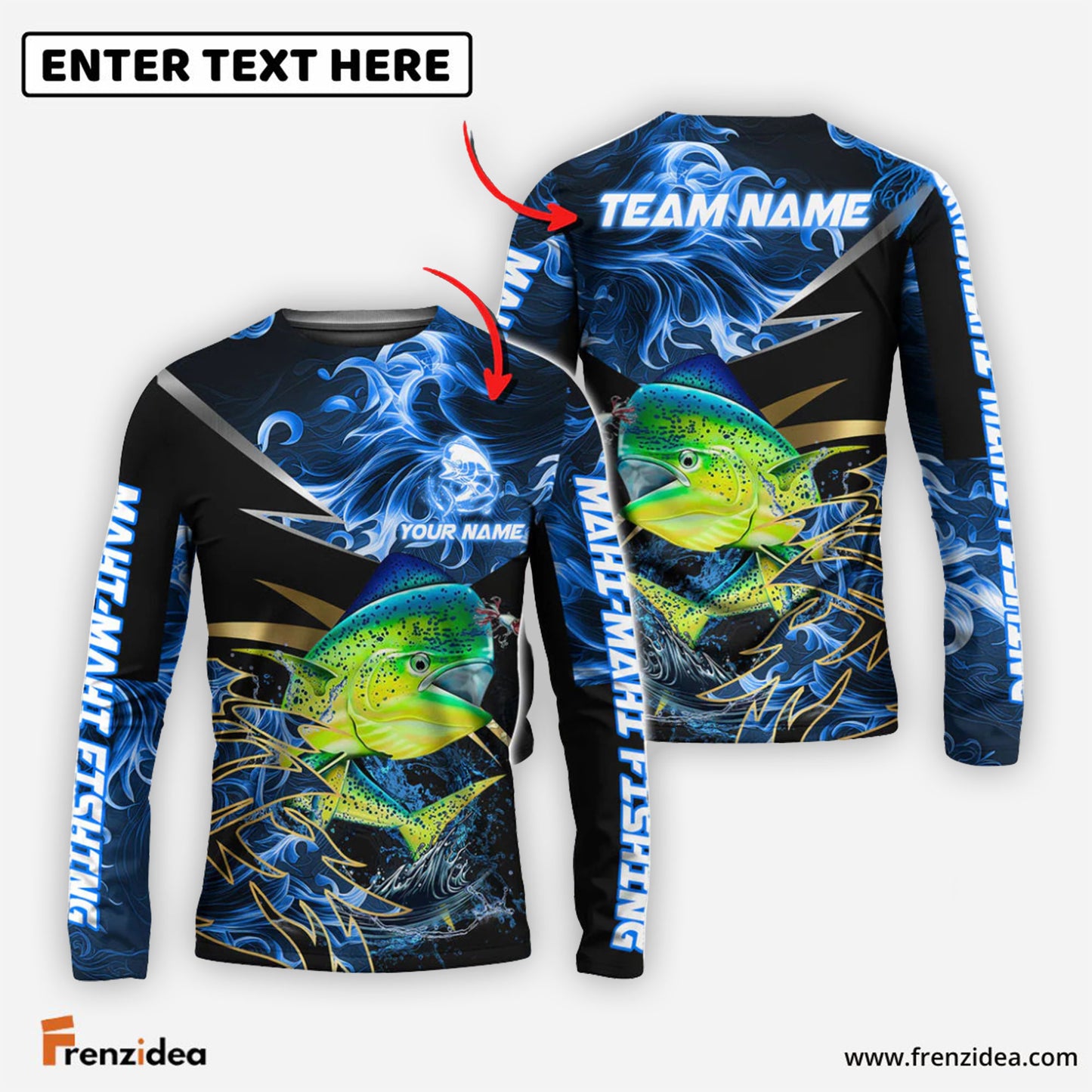 (6 Breeds) Frenzidea Fishing Blue Flame Premium Golden & Silver Line Pattern Custom Name & Team Name 3D Shirts