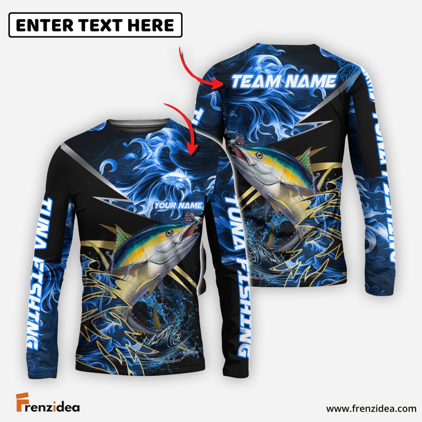 (6 Breeds) Frenzidea Fishing Blue Flame Premium Golden & Silver Line Pattern Custom Name & Team Name 3D Shirts
