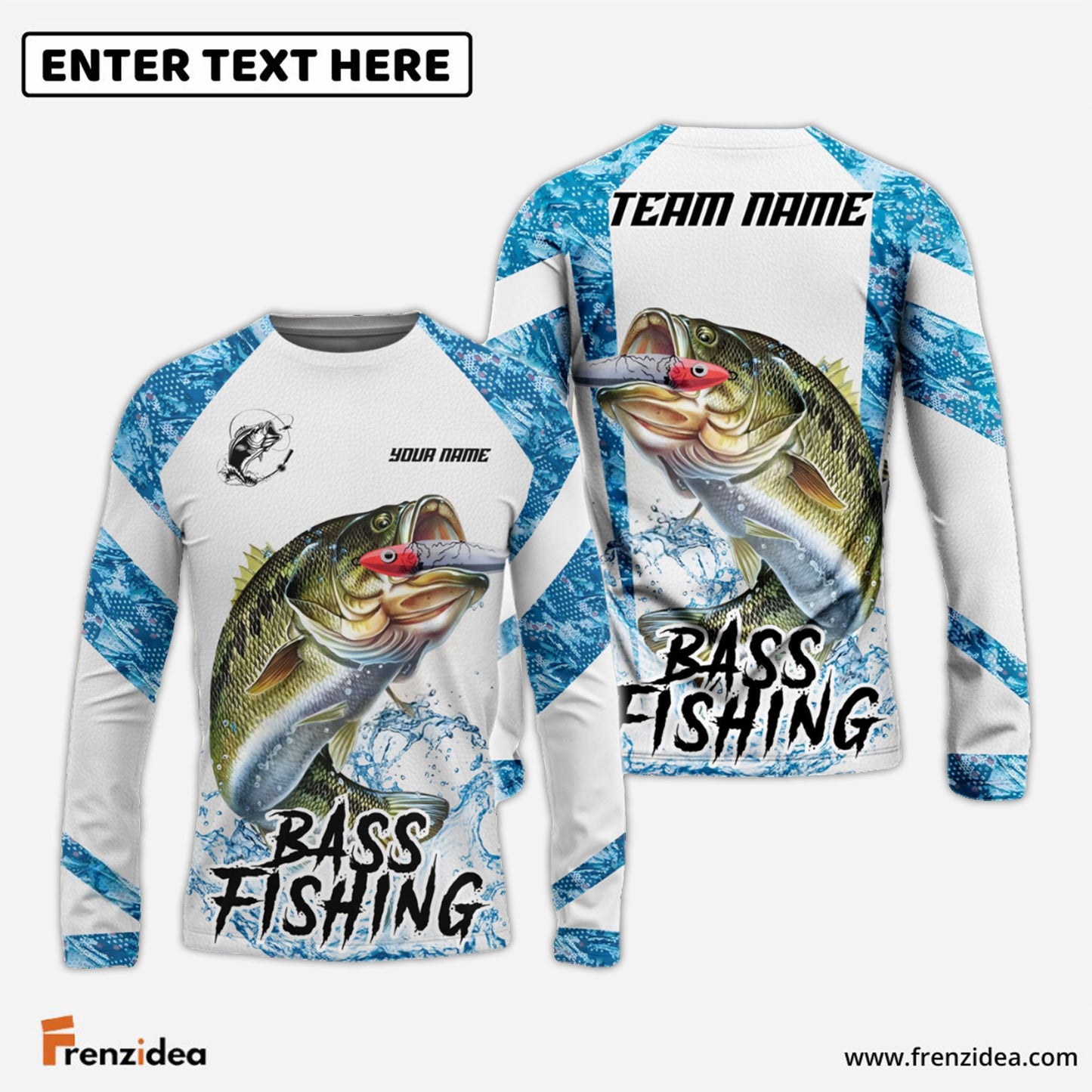Frenzidea Bass Fishing Blue Camo White Pattern Sport Custom Name & Team Name 3D Shirts