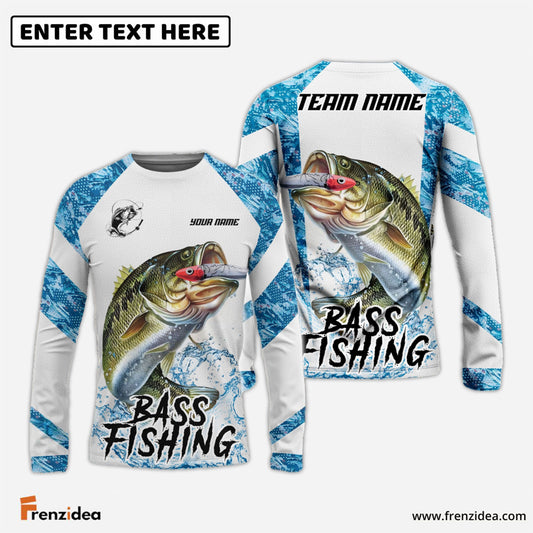 Frenzidea Bass Fishing Blue Camo White Pattern Sport Custom Name & Team Name 3D Shirts