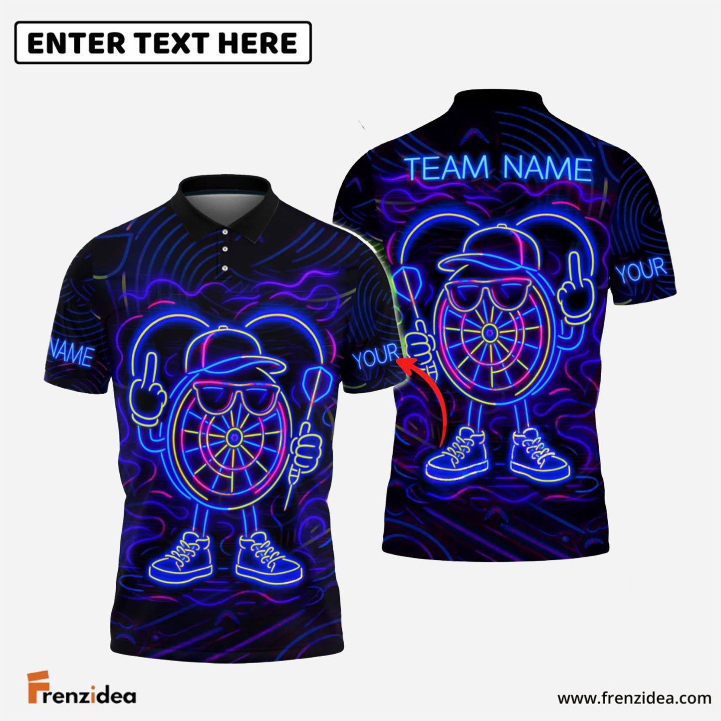 Frenzidea Darts Neon Dartboard Champion Personalized Name, Team Name Shirt (4 Colors)