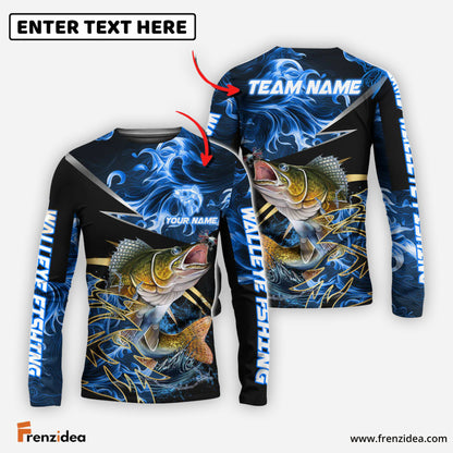(6 Breeds) Frenzidea Fishing Blue Flame Premium Golden & Silver Line Pattern Custom Name & Team Name 3D Shirts