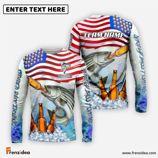 Frenzidea Striped Bass Fishing American Flag Beer Custom Name & Team Name 3D Shirts