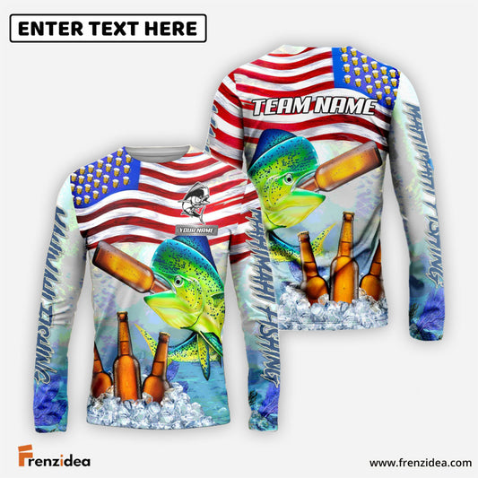 Frenzidea Mahi-mahi Fishing American Flag Beer Custom Name & Team Name 3D Shirts