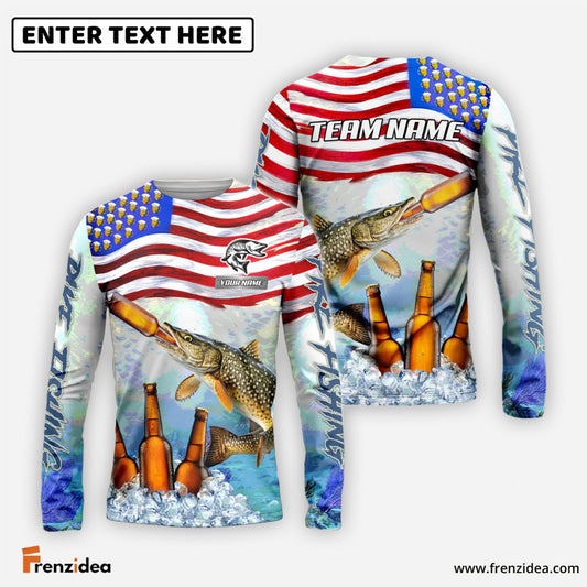 Frenzidea Pike Fishing American Flag Beer Custom Name & Team Name 3D Shirts