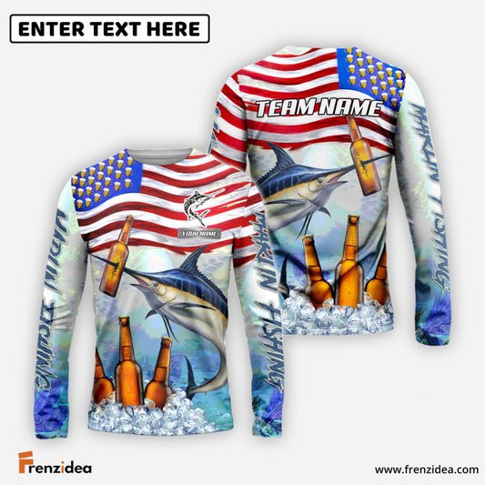 Frenzidea Marlin Fishing American Flag Beer Custom Name & Team Name 3D Shirts