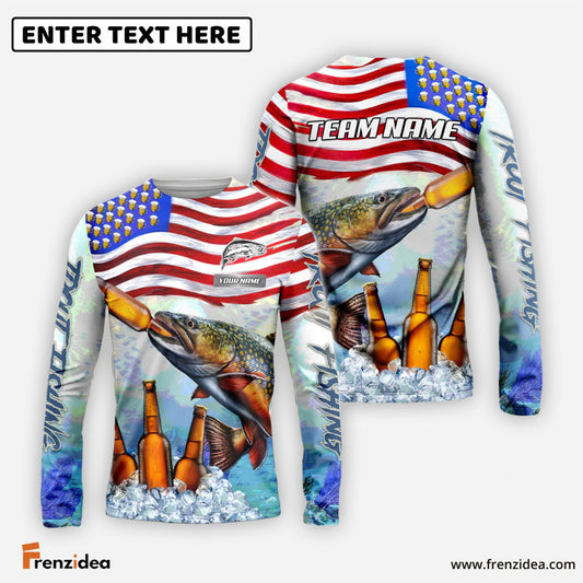 Frenzidea Trout Fishing American Flag Beer Custom Name & Team Name 3D Shirts