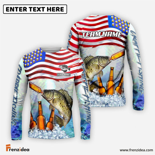 Frenzidea Crappie Fishing American Flag Beer Custom Name & Team Name 3D Shirts