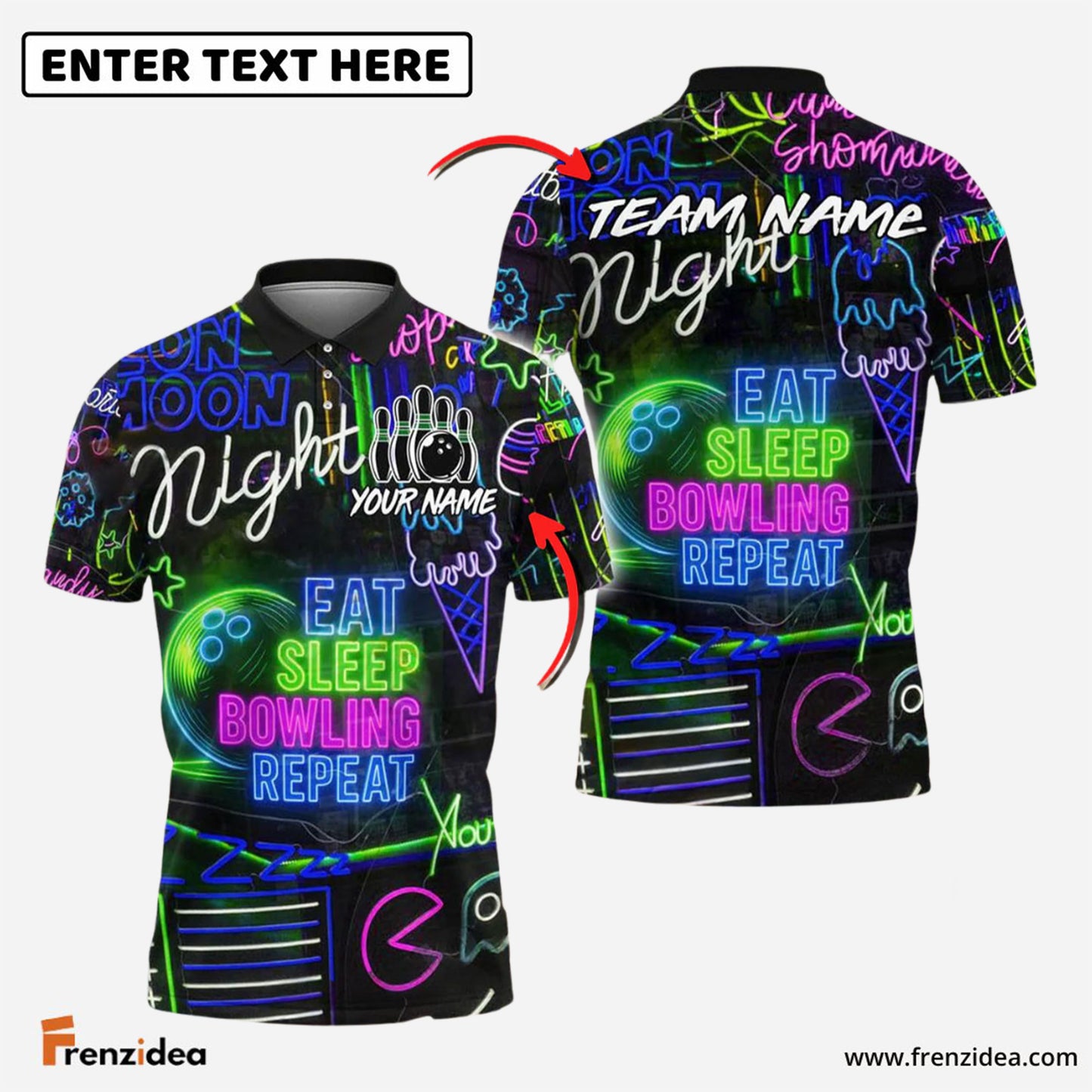 Frenzidea Bowling And Pins Eat Sleep Bowl Repeat Neon Style Customized Name 3D Shirt (6 Colors)