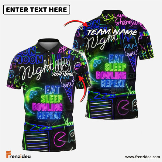 Frenzidea Bowling And Pins Eat Sleep Bowl Repeat Neon Style Customized Name 3D Shirt (6 Colors)