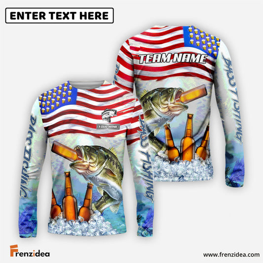 Frenzidea Bass Fishing American Flag Beer Custom Name & Team Name 3D Shirts