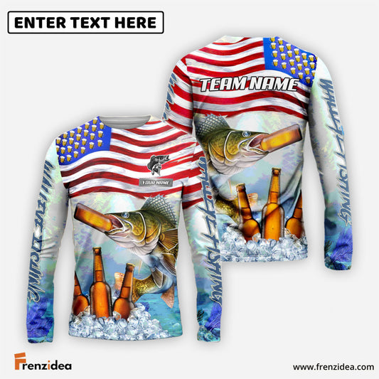 Frenzidea Walleye Fishing American Flag Beer Custom Name & Team Name 3D Shirts
