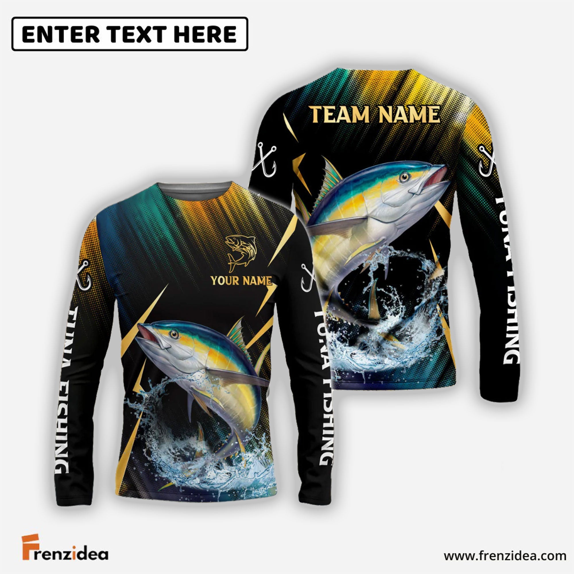 Frenzidea Tuna Fishing Golden With Skinfish Pattern Custom Name & Team Name 3D Shirts