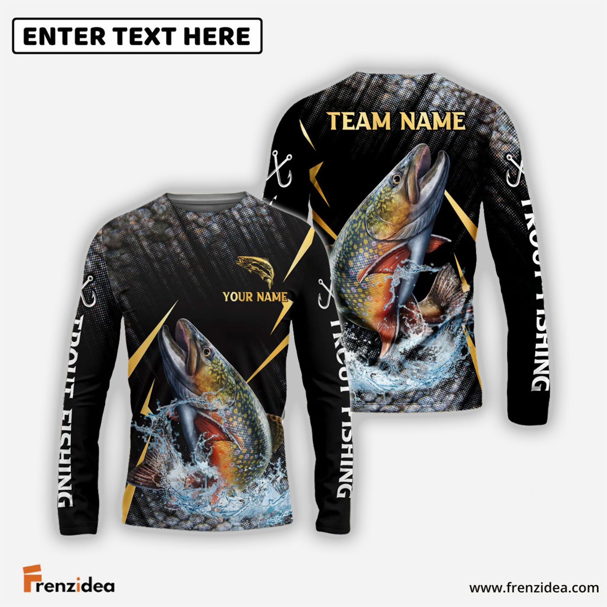 Frenzidea Trout Fishing Golden With Skinfish Pattern Custom Name & Team Name 3D Shirts