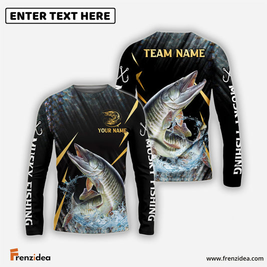 Frenzidea Musky Fishing Golden With Skinfish Pattern Custom Name & Team Name 3D Shirts