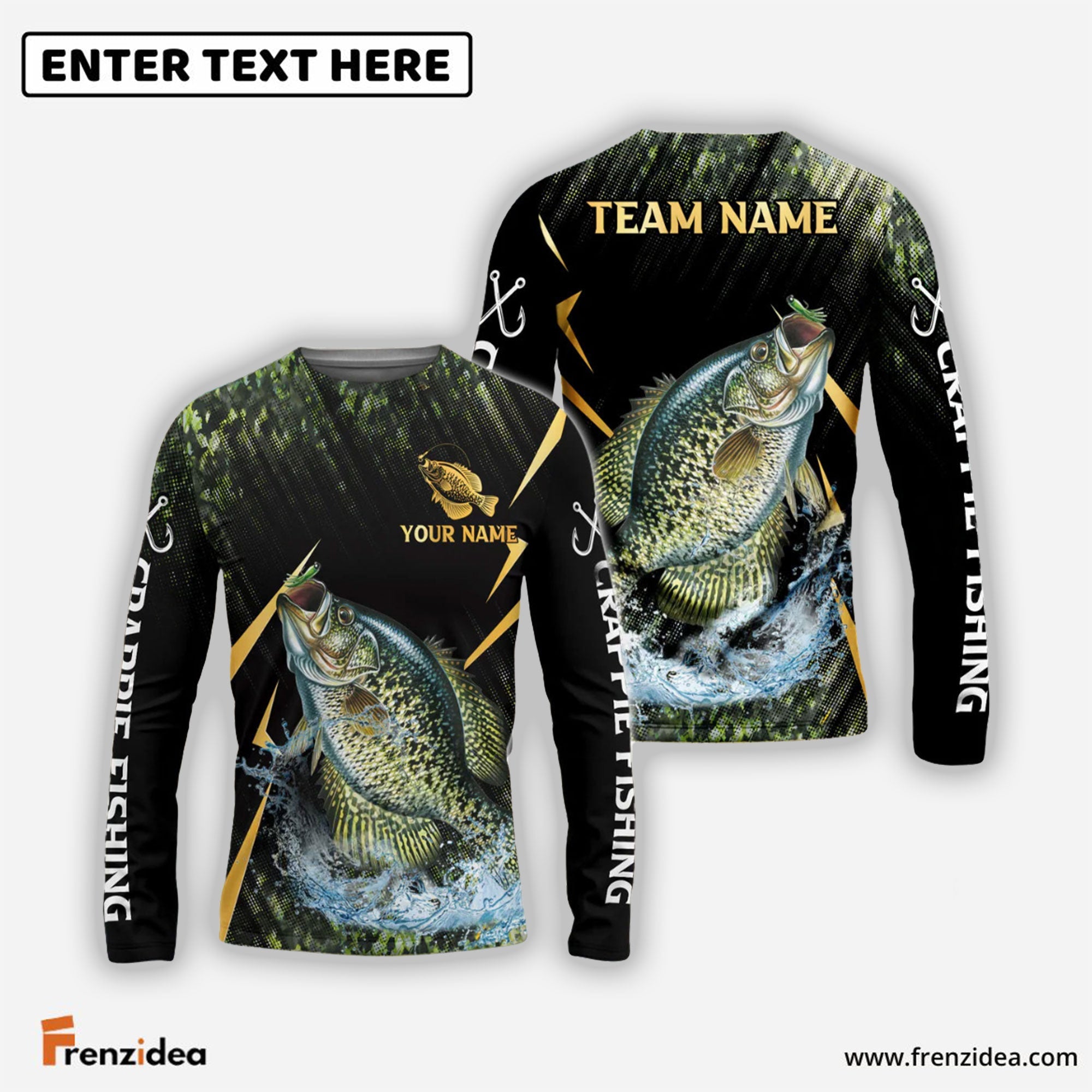 Frenzidea Crappie Fishing Golden With Skinfish Pattern Custom Name & Team Name 3D Shirts