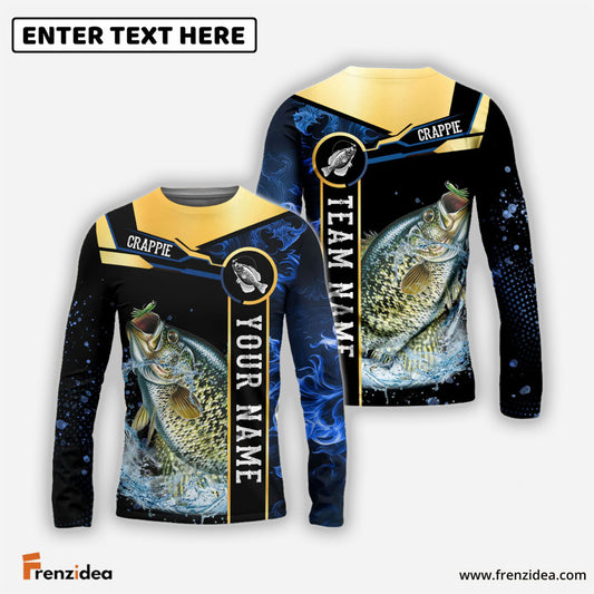 Frenzidea Crappie Fishing Golden With Blue Flame Pattern Custom Name & Team Name 3D Shirts