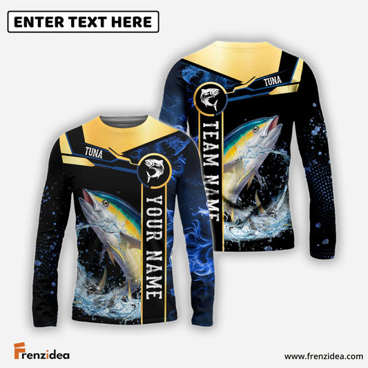 Frenzidea Tuna Fishing Golden With Blue Flame Pattern Custom Name & Team Name 3D Shirts