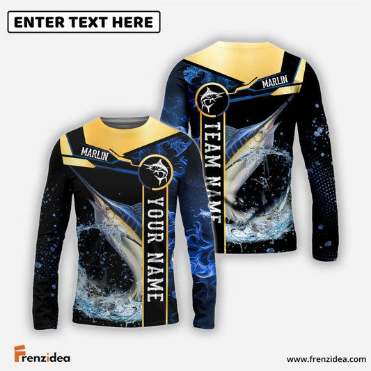 Frenzidea Marlin Fishing Golden With Blue Flame Pattern Custom Name & Team Name 3D Shirts