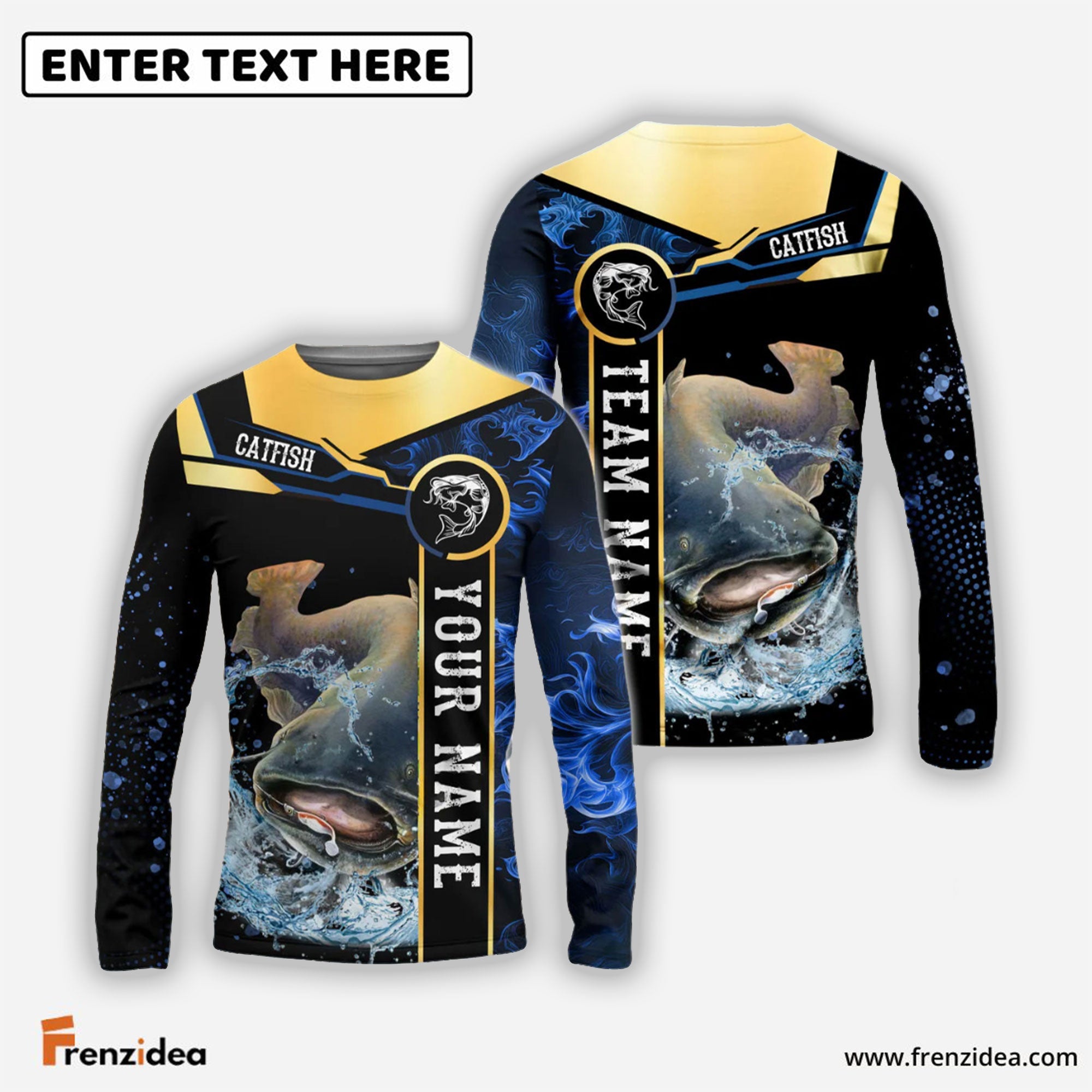 Frenzidea Catfish Fishing Golden With Blue Flame Pattern Custom Name & Team Name 3D Shirts