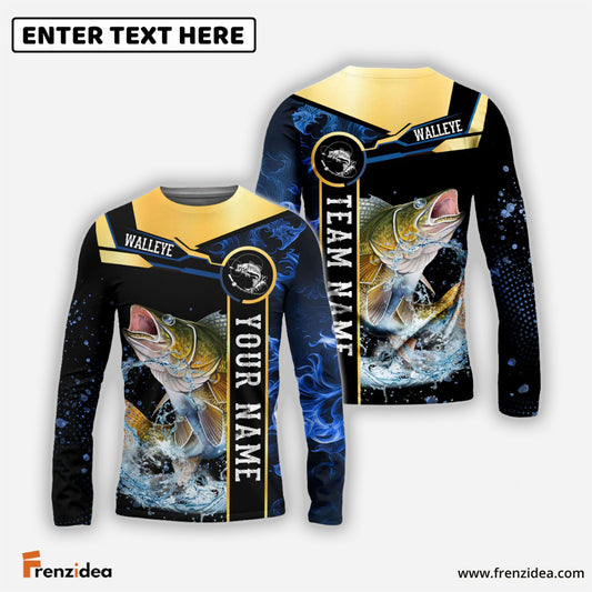 Frenzidea Walleye Fishing Golden With Blue Flame Pattern Custom Name & Team Name 3D Shirts