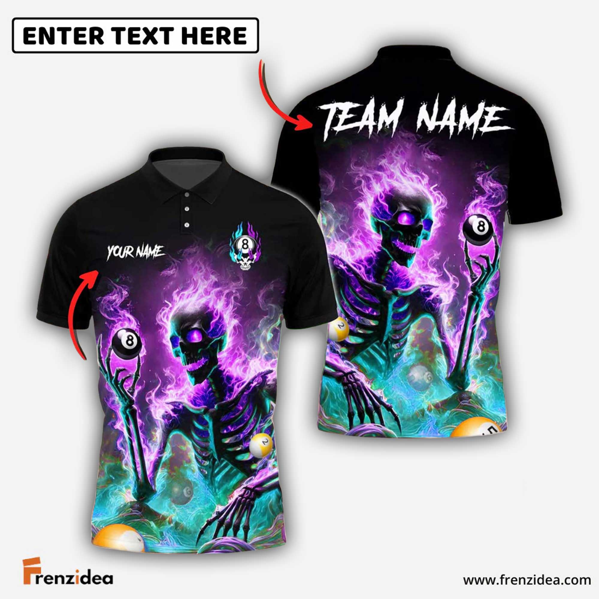 Frenzidea Billiards Ball 8 Skeleton On Fire Personalized Name Shirt (4 Colors)